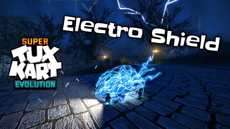 A picture featuring the SuperTuxKart Evolution logo and showcasing a new powerup called the electro-shield