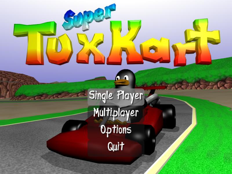 A screenshot showing the main menu of the first public release of SuperTuxKart