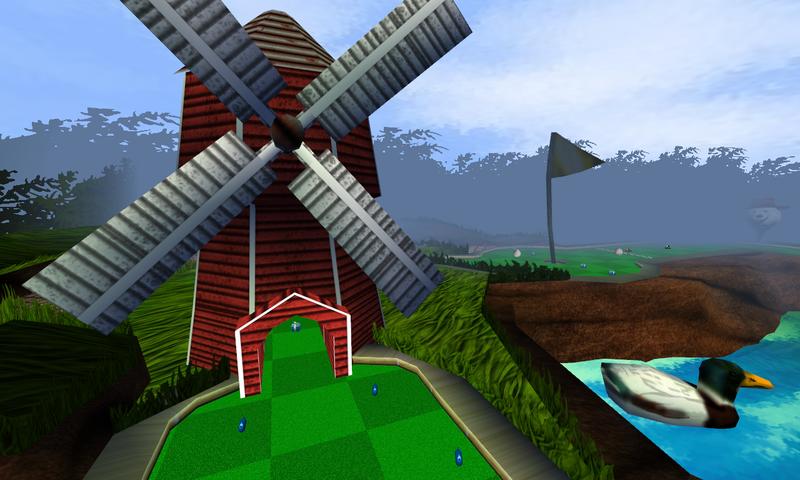 The SuperTuxKart track Minigolf viewed from some height above the track with its red windmill