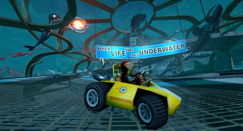 SuperTuxKart 0.9.1: Suzanne in Antediluvian Abysses with the skeleton of an ancient marine beast visible and a sign 'When Life was only Underwater'