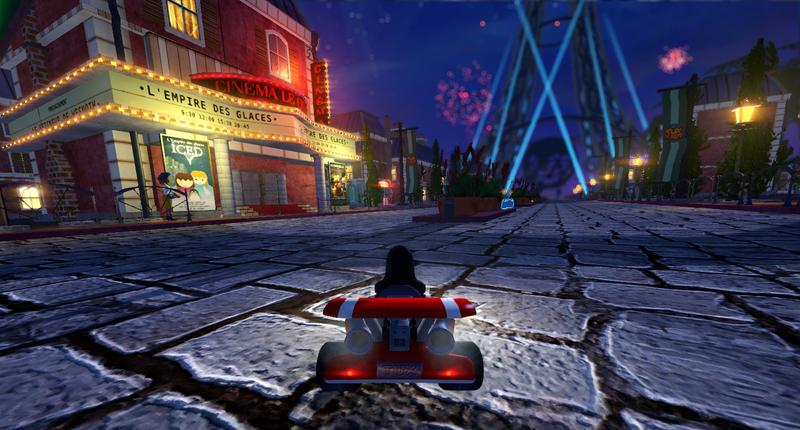 SuperTuxKart 0.9.3: Tux facing Cinéma le Quartz in Candela City