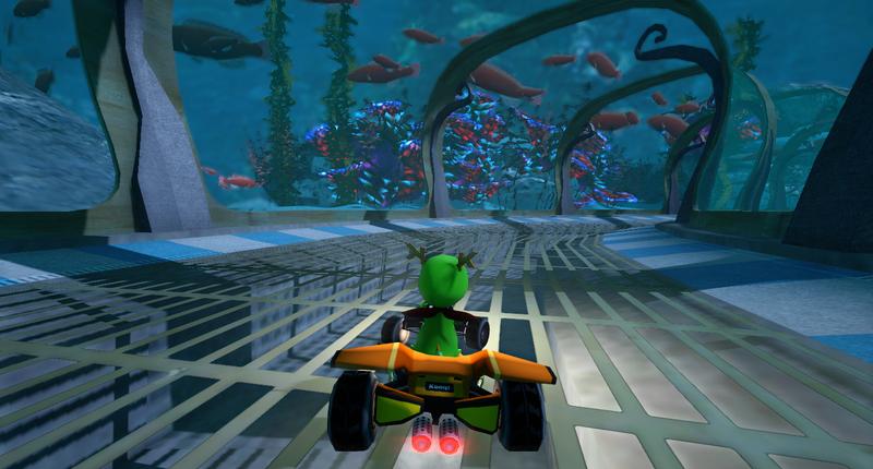 SuperTuxKart 0.9.3: Konqi driving in Antediluvian Abysses with swimming fishes visible behind the glass walls