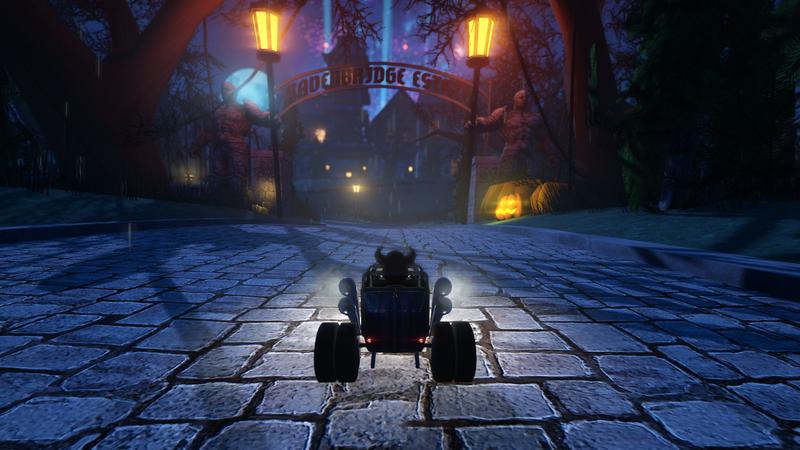 SuperTuxKart 1.0: Beastie in front of the entrance the Ravenbridge estate in Ravenbridge Mansion with the full moon visible in the background
