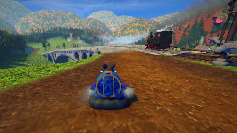 SuperTuxKart 1.0: Xue driving towards the main bridge in Black Forest with a train steaming ahead on the railtrack running next to the road