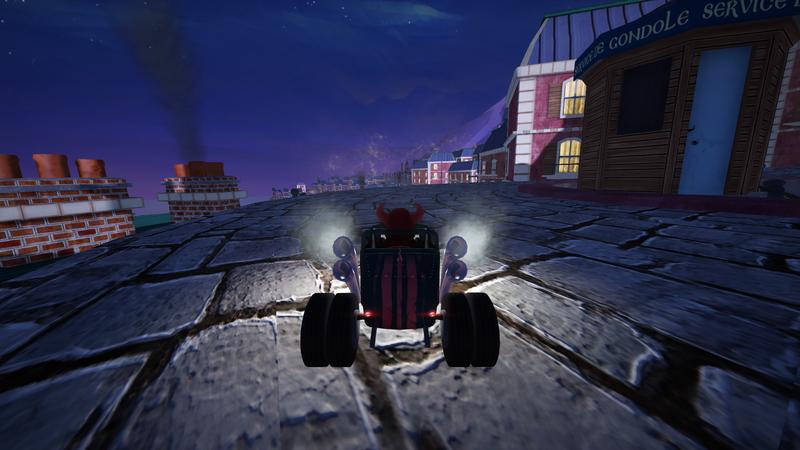 SuperTuxKart 1.3: Beastie driving around Candela City's sharp bend with a small building advertising a gondola ride service visible on the right