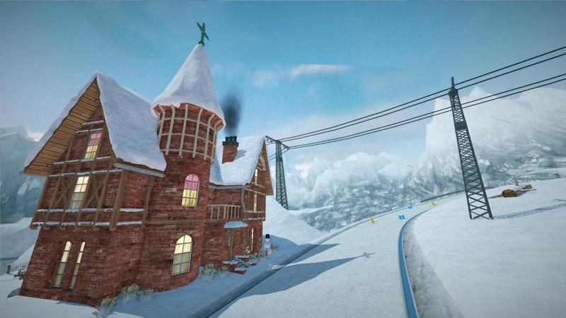 SuperTuxKart Evolution preview: A view from Freytra Peak's hamlet with a beautiful brick and wood building on the left and electric lines crossing the road farther back