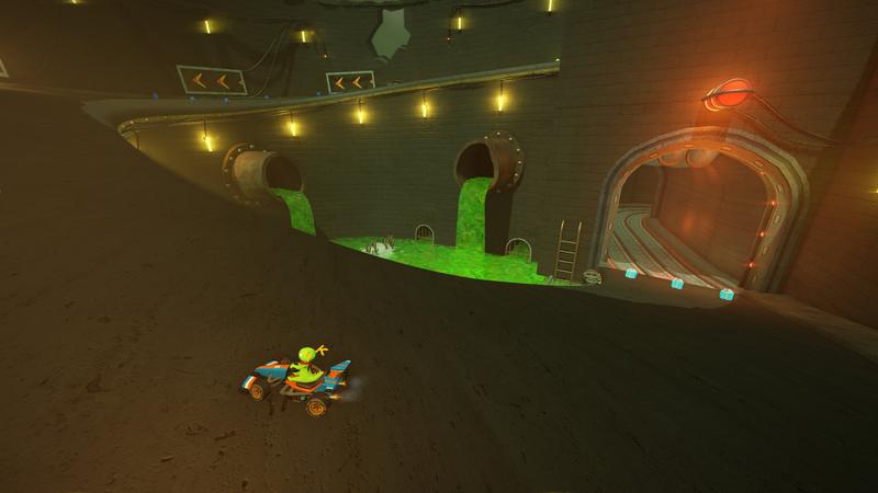 SuperTuxKart Evolution preview: Konqi driving in Drainage Dash's main curve