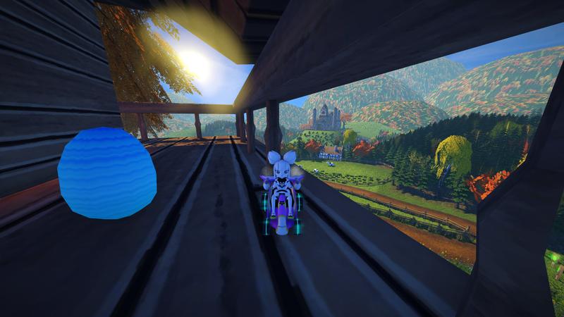 SuperTuxKart 1.5: Kiki next to an egg on a shaded house balcony in Black Forest with a monastery visible in the background on a hill
