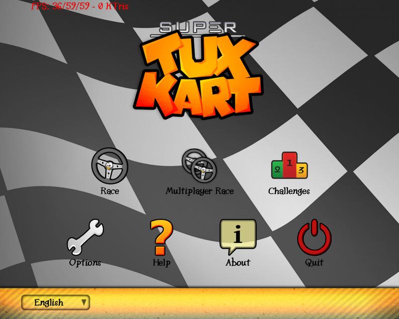 A screenshot from the SuperTuxKart 0.7.1b main menu in English