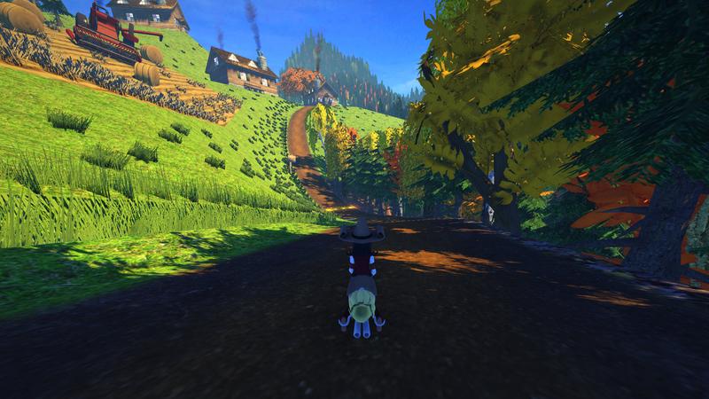 Pepper on a downhill road section in Black Forest with an uphill road section visible next and with houses and a combine harvester at work in the backround