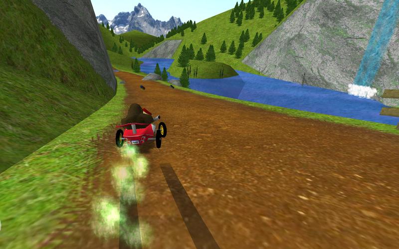 SuperTuxKart 0.8: Beagle with a second-level drift (skid) in Green Valley reverse with a pond and a waterfall on the right of the road