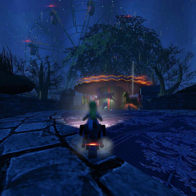 A screenshot from Pumpkin Park with Sara showing with a carrousel and a Ferris wheel visible