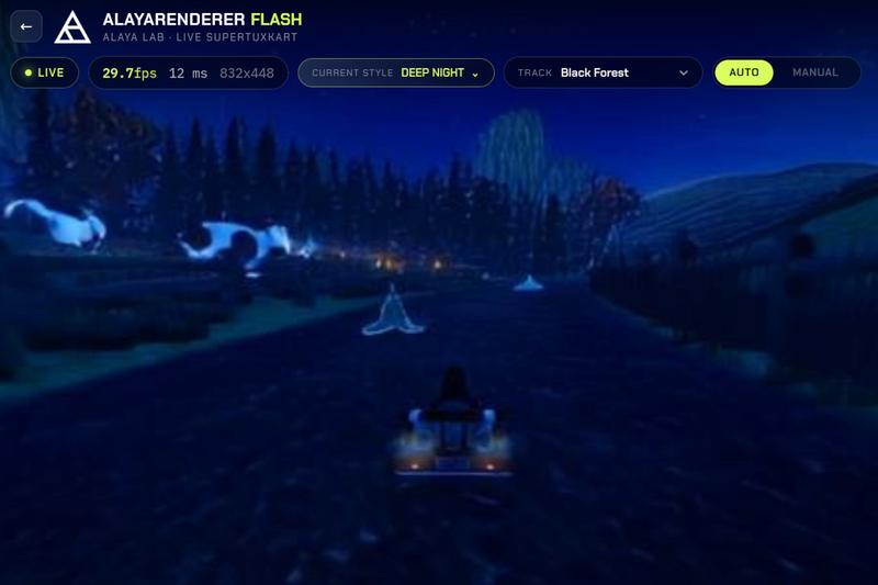 A picture showing a scene in Black Forest rendered with AlayaRendererFlash and a deep-night prompt instead of SuperTuxKart's renderer