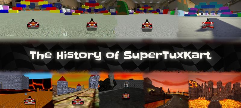 A picture titled 'The History of SuperTuxKart' showing the evolution of Oliver's Maths Class and Fort Magma throughout the project's history